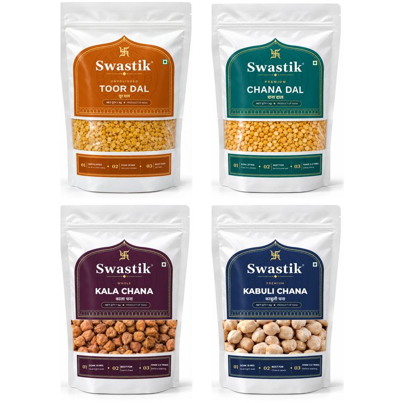 Swastik retail packs: Toor Dal, Chana Dal, Kala Chana and Kabuli Chana